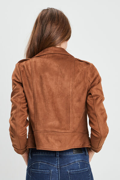 Veste esprit biker effet suédine camel femme