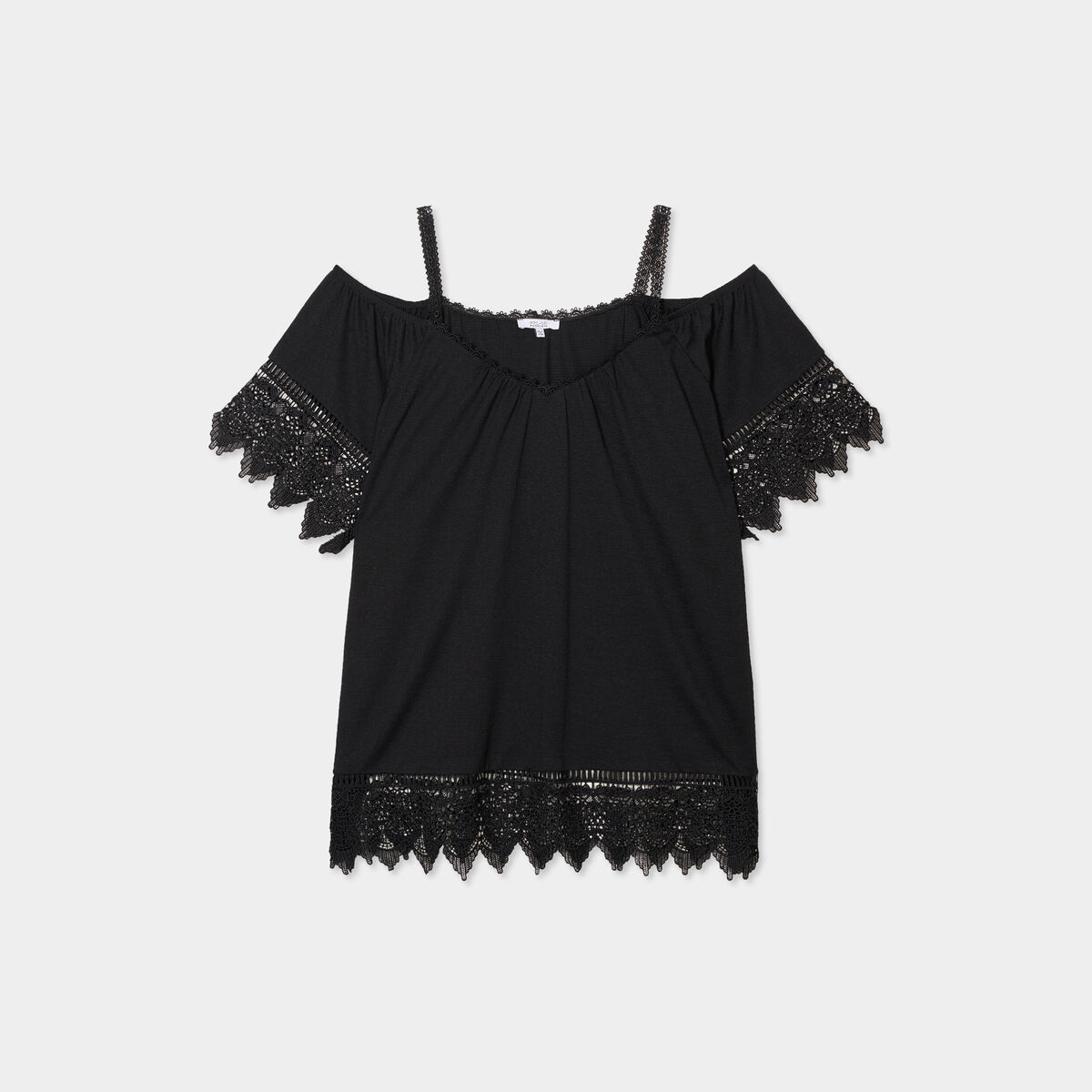 T-shirt col bardot avec dentelle noir femme grande taille