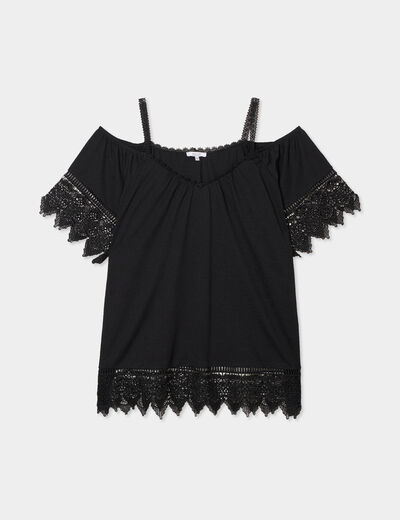 T-shirt col bardot avec dentelle noir femme grande taille