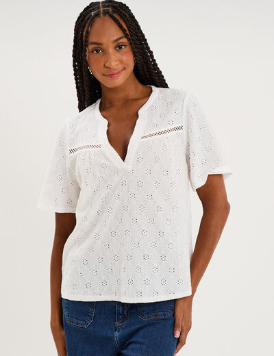 Blouse broderie anglaise manches courtes blanc femme