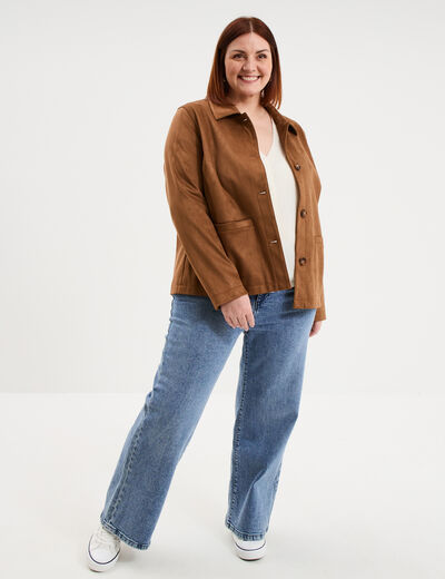 Veste effet su&eacute;dine boutonn&eacute;e marron femme grande taille