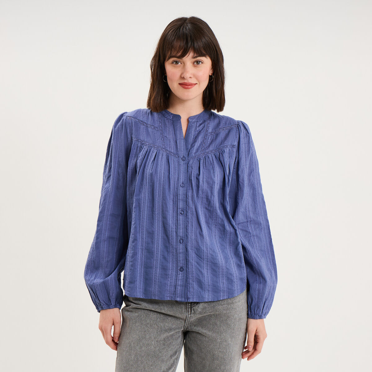 Blouse droite col tunisien coton bleu gris femme