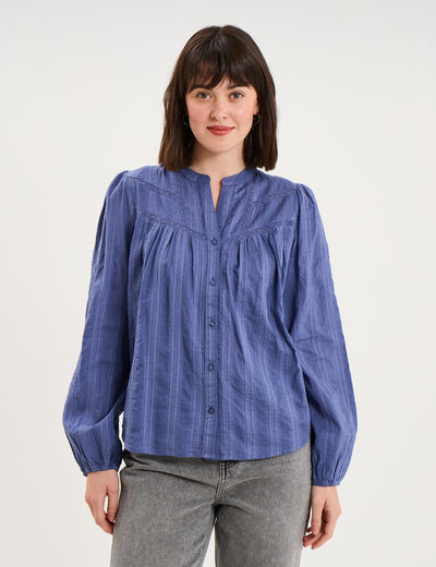 Blouse droite col tunisien coton bleu gris femme