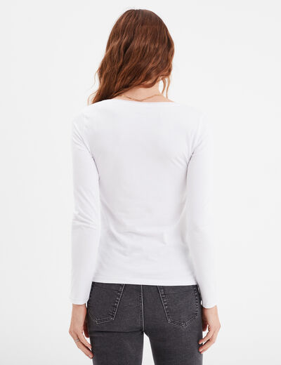 T-shirt manches longues col en V coton blanc femme