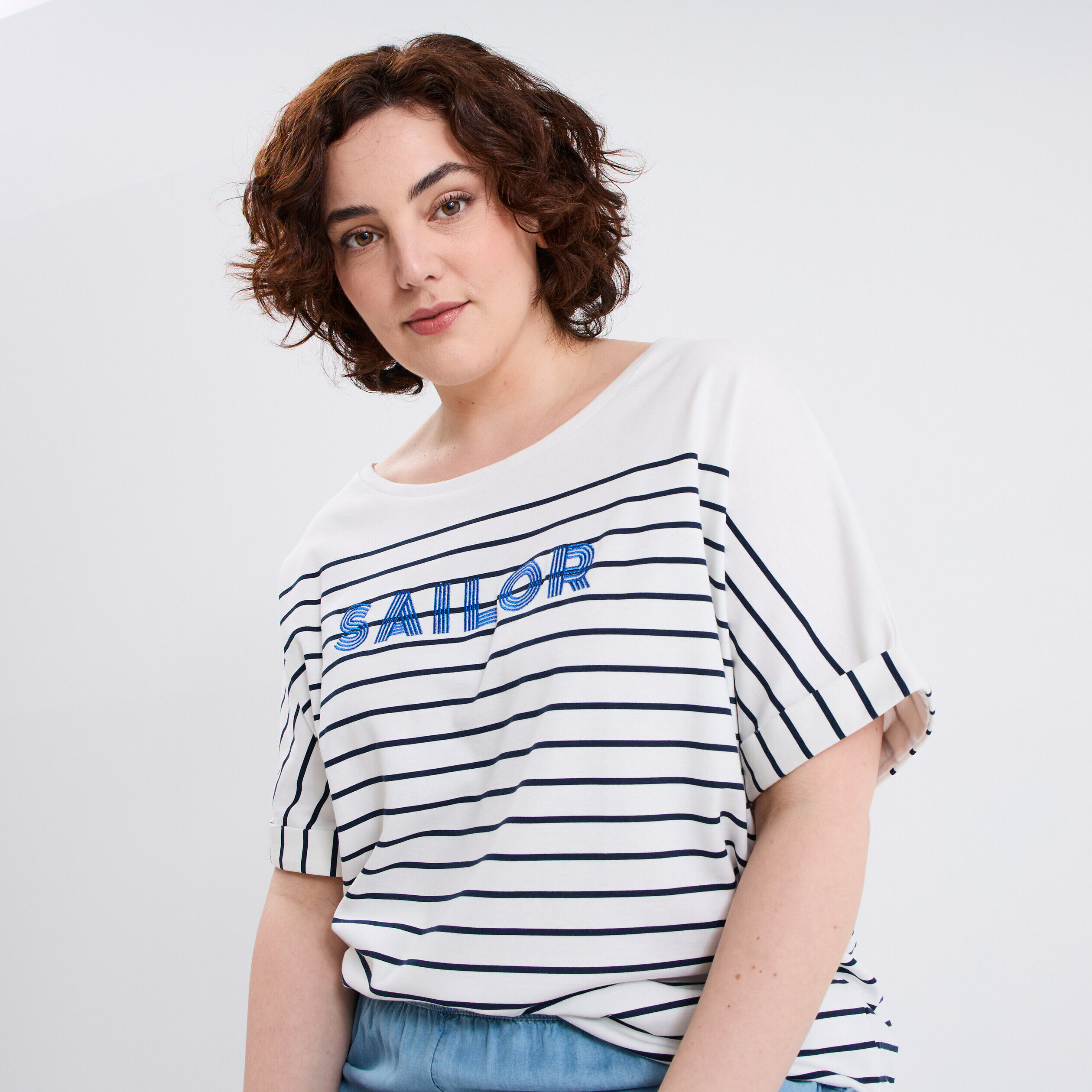 T-shirt ajusté manches courtes coton ecru femme grande taille MODAVISTA