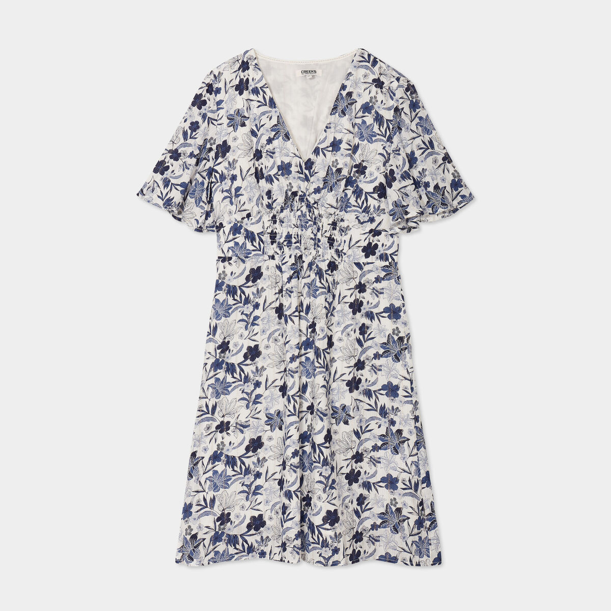 Robe col en V taille smockée Creeks ecru femme
