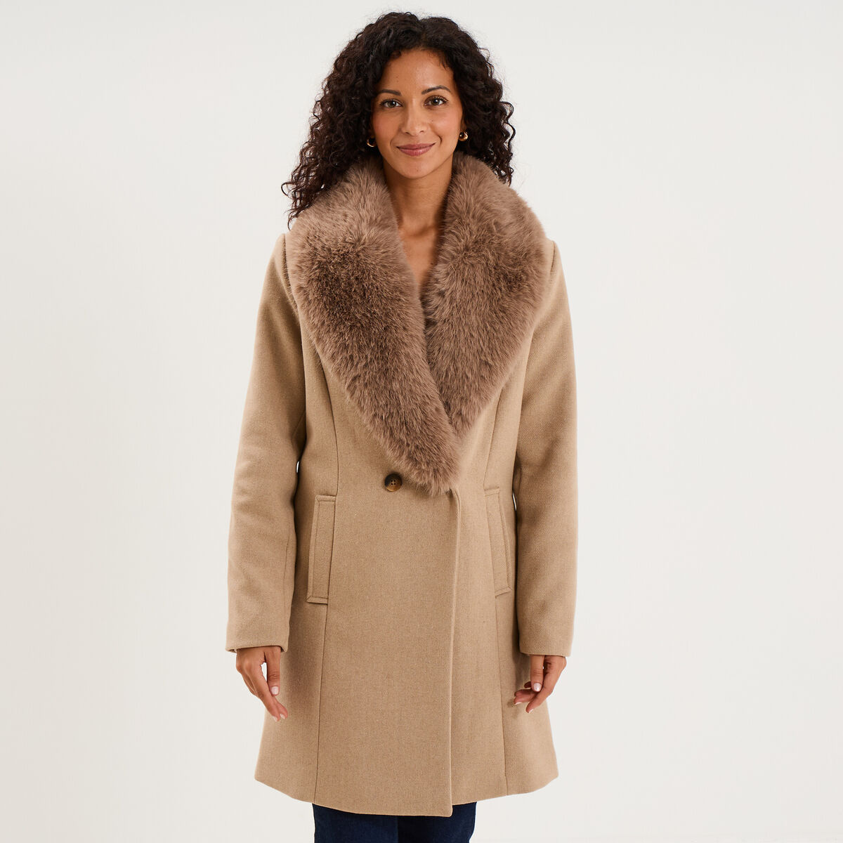 Manteau col fausse fourrure amovible taupe femme