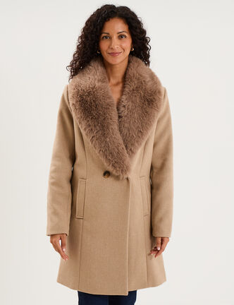 Manteau col fausse fourrure amovible taupe femme