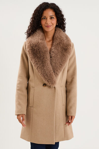 Manteau col fausse fourrure amovible taupe femme