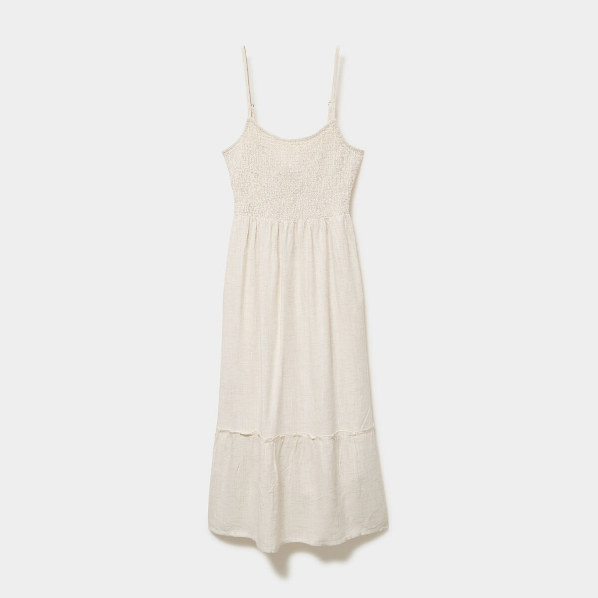 Robe longue buste smock&eacute; lin m&eacute;lang&eacute; beige femme