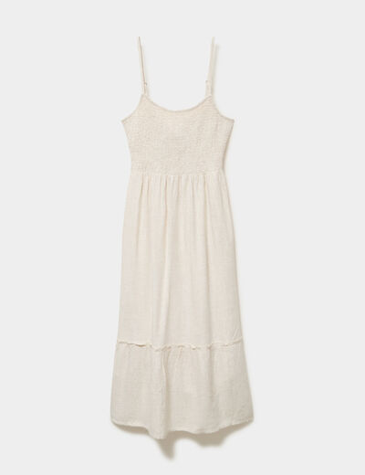 Robe longue buste smock&eacute; lin m&eacute;lang&eacute; beige femme