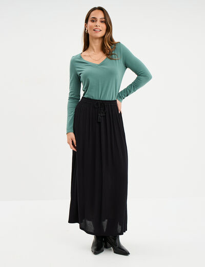 T-shirt col en V manches longues coton vert foncé femme