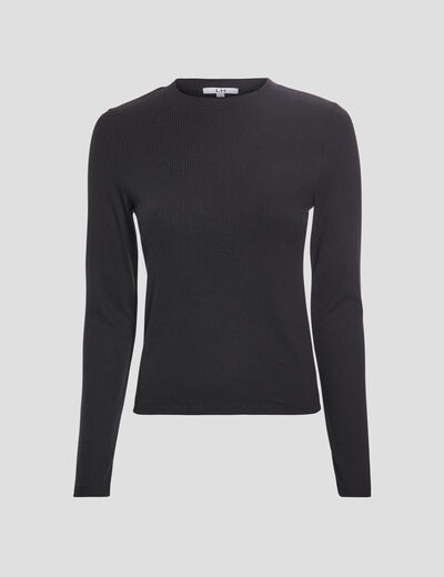 T-shirt côtelé manches longues noir femme