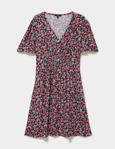 Robe fluide manches courtes col en V noir femme