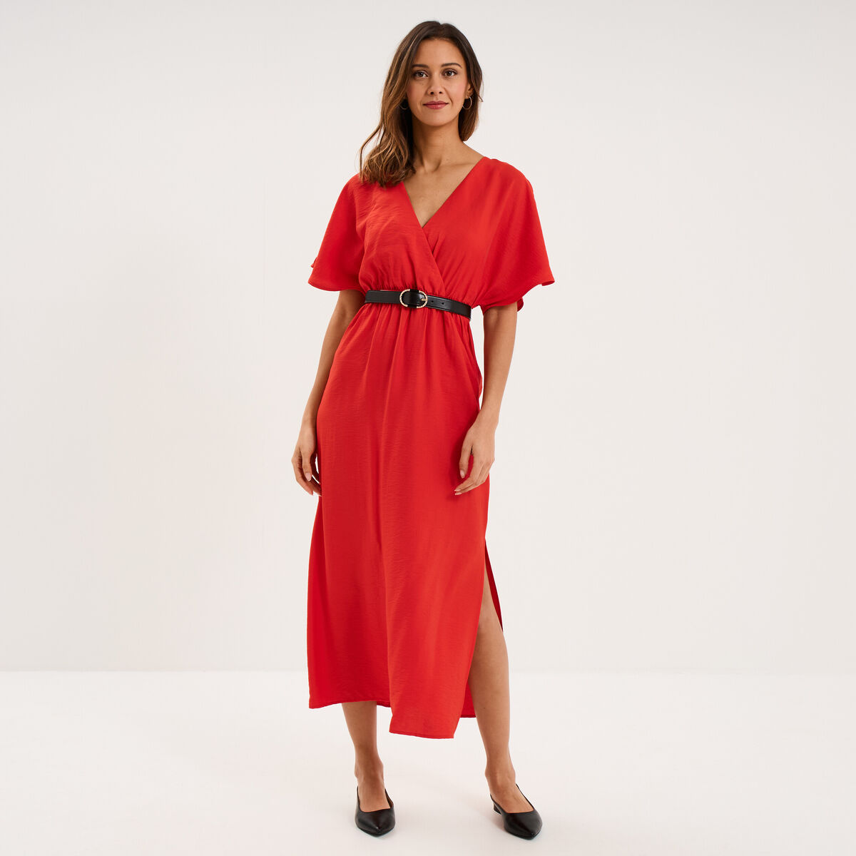 Robe longue &eacute;vas&eacute;e col cache-coeur rouge femme