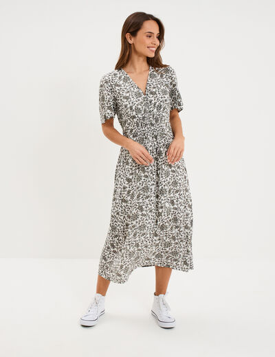 Robe longue empire taille smock&eacute;e ecru femme