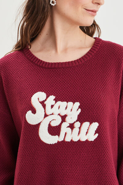 Pull col rond bordeaux femme