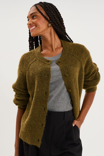 Gilet cardigan col rond boutonn&eacute; vert olive femme