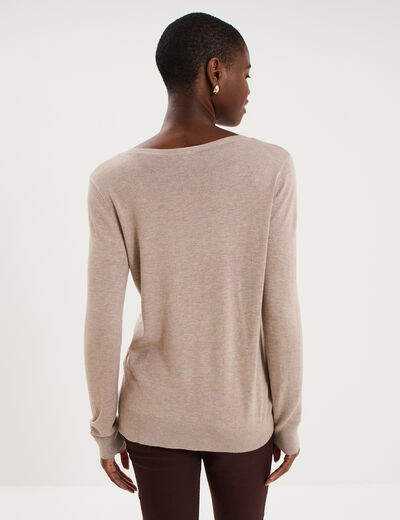 Pull col en V manches longues beige femme