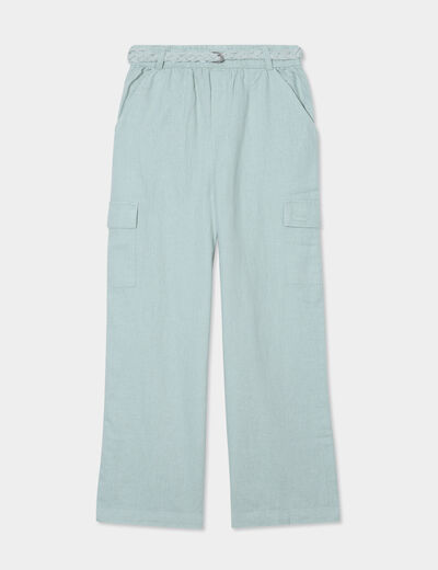 Pantalon large lin mélangé ceinturé vert pastel fille