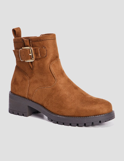 Bottines ranger crantées avec boucles marron femme