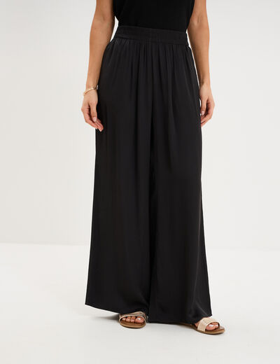 Pantalon large fluide effet satin&eacute; noir femme