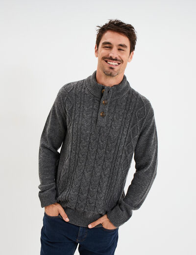 Pull col montant boutonn&eacute; et torsades gris fonc&eacute; homme