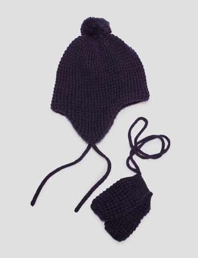 Ensemble bonnet et moufles tricotés bleu marine bébé garçon