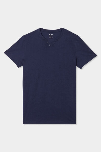 T-shirt manches courtes col tunisien bleu marine homme