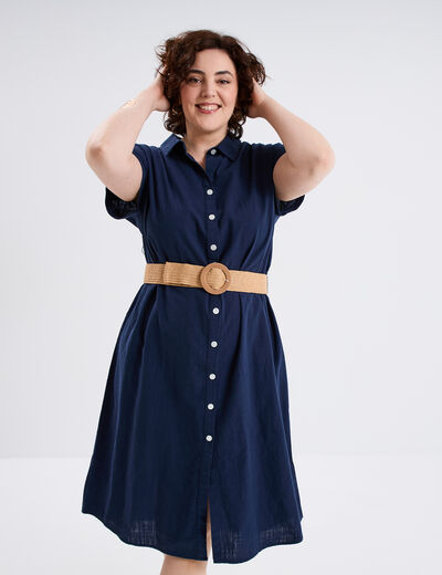 Robe chemise ceinturée coton bleu foncé femme grande taille