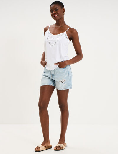 Short en jean d&eacute;chir&eacute; coton denim bleach femme
