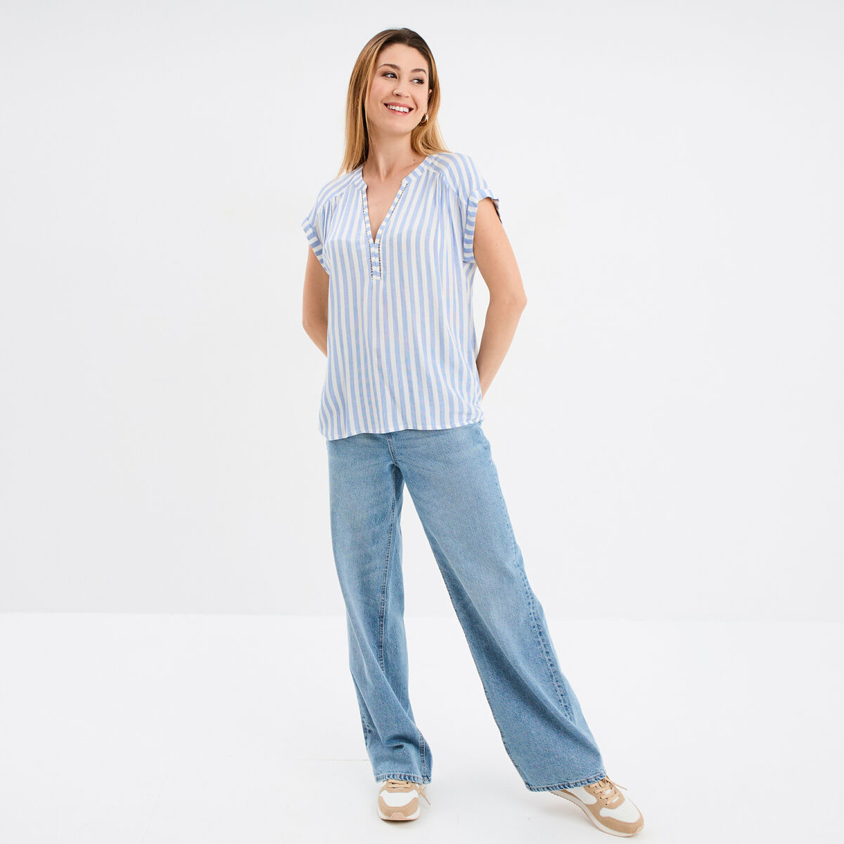 Blouse cr&eacute;pon manches courtes ecru femme