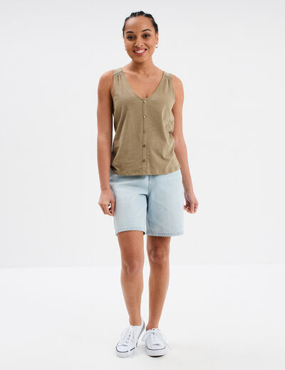 Débardeur sans manches à boutons coton vert kaki femme