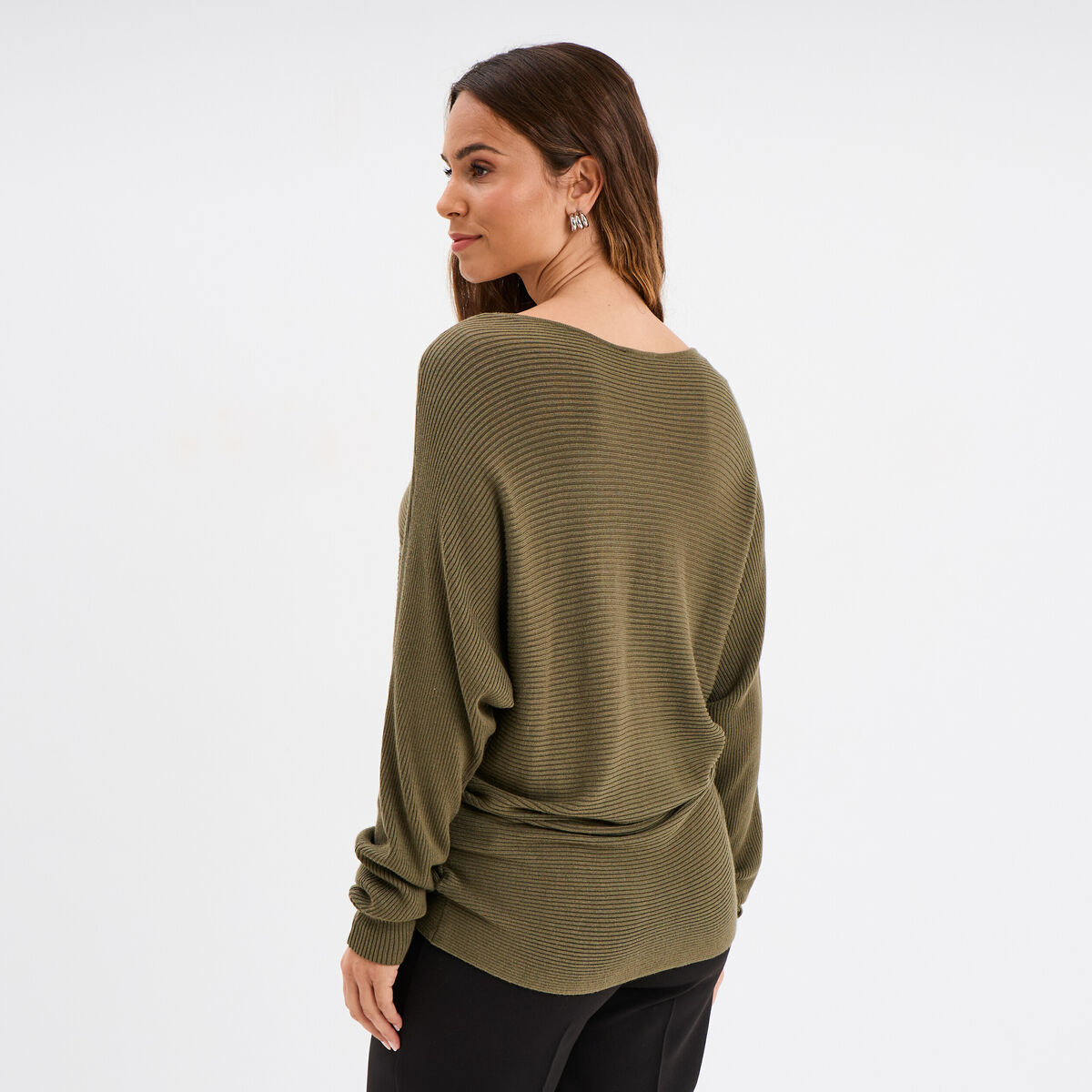 Pull col bateau manches longues vert kaki femme