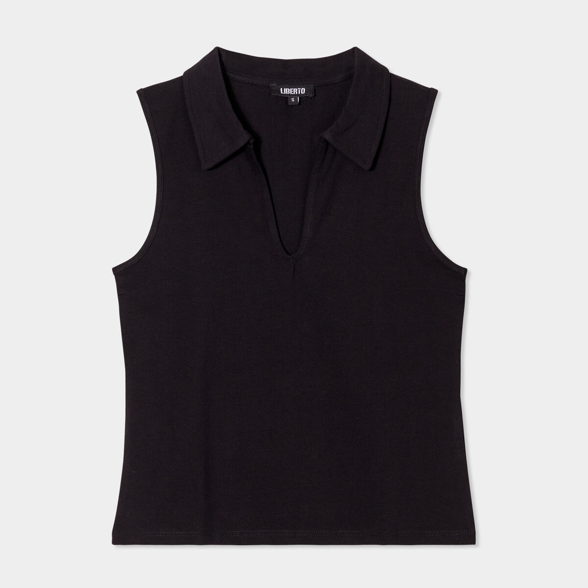 T-shirt coton sans manches col polo noir femme