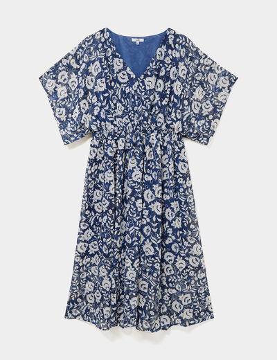 Robe longue taille smock&eacute;e bleu marine femme grande taille