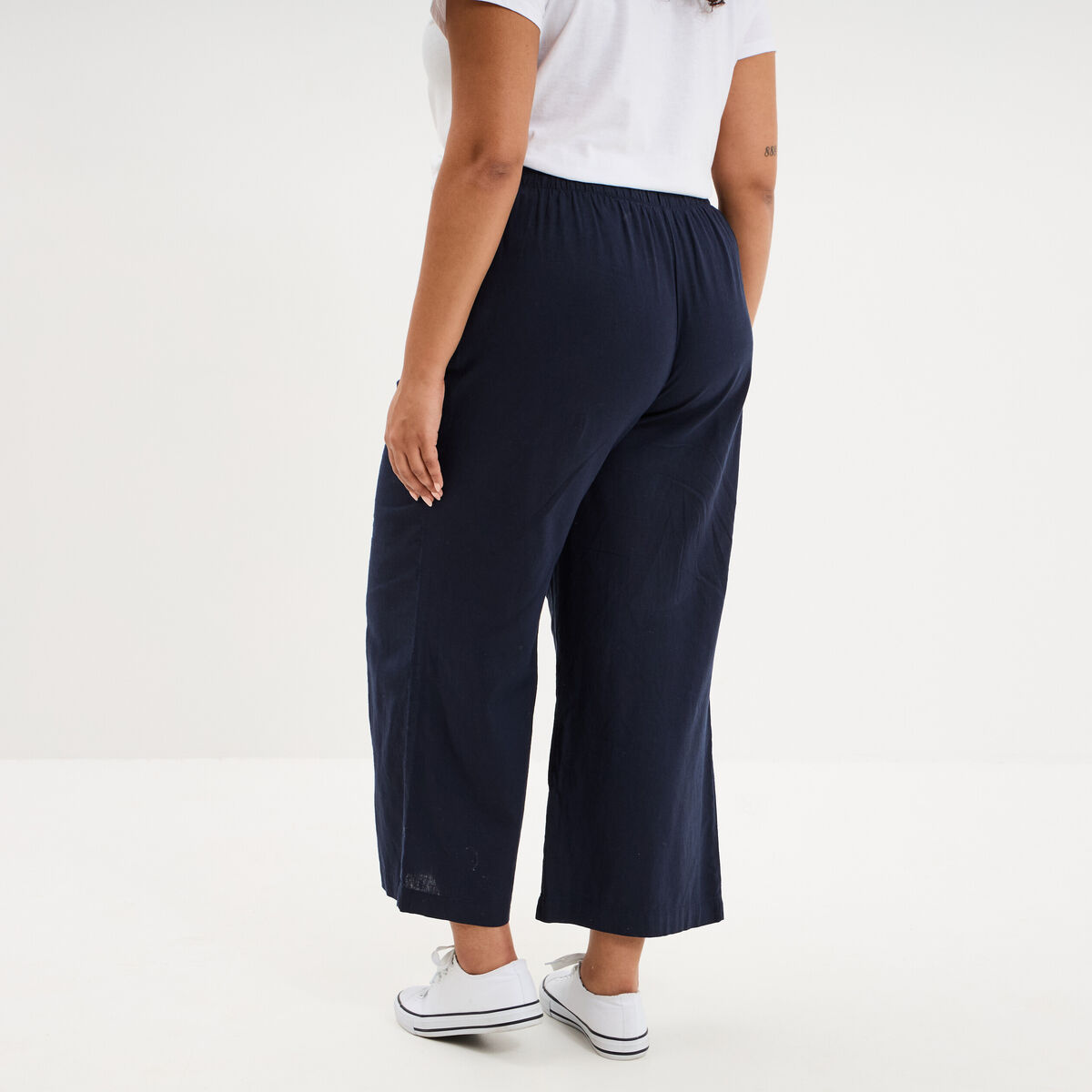 Pantalon large cropped lin m&eacute;lang&eacute; bleu fonc&eacute; femme grande taille