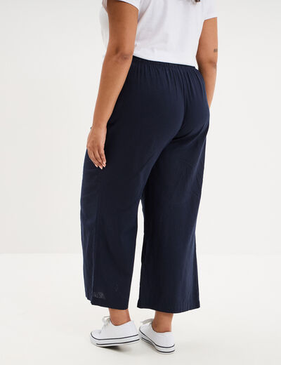 Pantalon large cropped lin m&eacute;lang&eacute; bleu fonc&eacute; femme grande taille