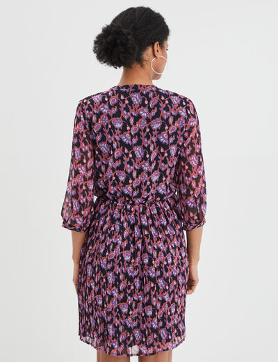 Robe évasée bas plissé manches 3/4 bleu marine femme
