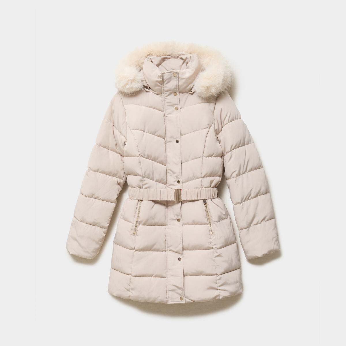 Doudoune mi-longue ceintur&eacute;e &agrave; capuche beige femme