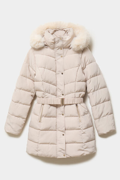 Doudoune mi-longue ceintur&eacute;e &agrave; capuche beige femme