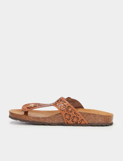 Mules détails perforés en cuir marron femme
