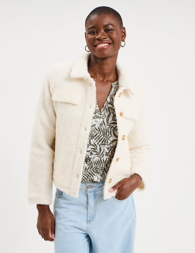 Veste courte droite effet bouclette blanc femme