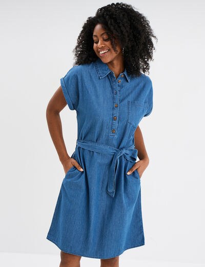 Robe en jean courte ceinturée denim double stone femme