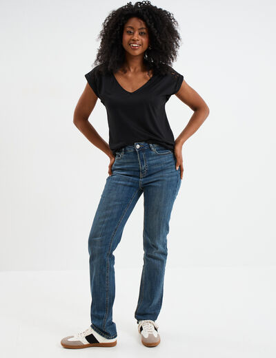 T-shirt col en V dentelle épaules et dos noir femme