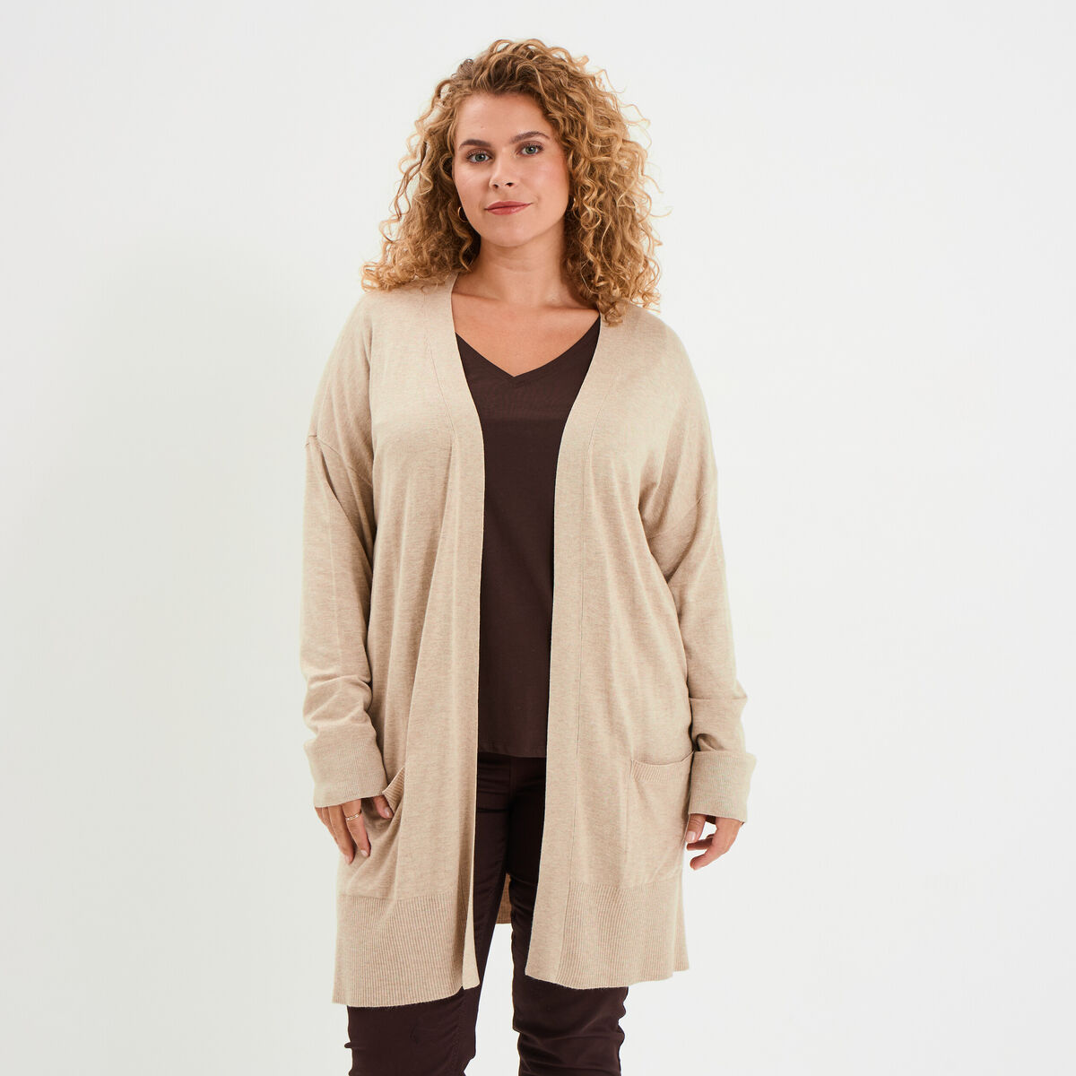 Gilet long avec poches beige femme grande taille