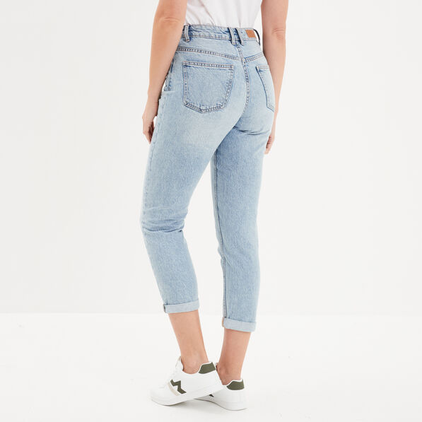 Jeans mom 7/8ème taille haute coton denim bleach femme