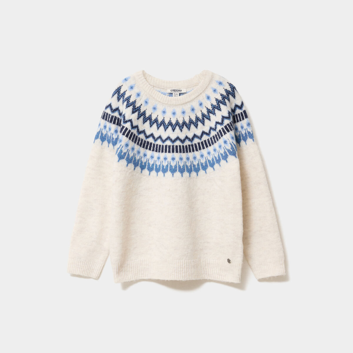 Pull jacquard col rond manches longues ecru fille