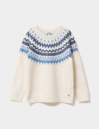 Pull jacquard col rond manches longues ecru fille