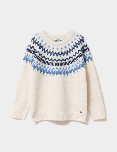 Pull jacquard col rond manches longues ecru fille